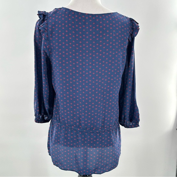 Petticoat Alley top S blue red 100% silk ruffle button down statement sleeves - Picture 6 of 12